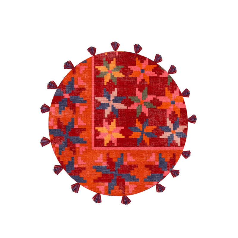Ethnic Floral Themed Fringed Woven Floor Rug, Round 3'4"