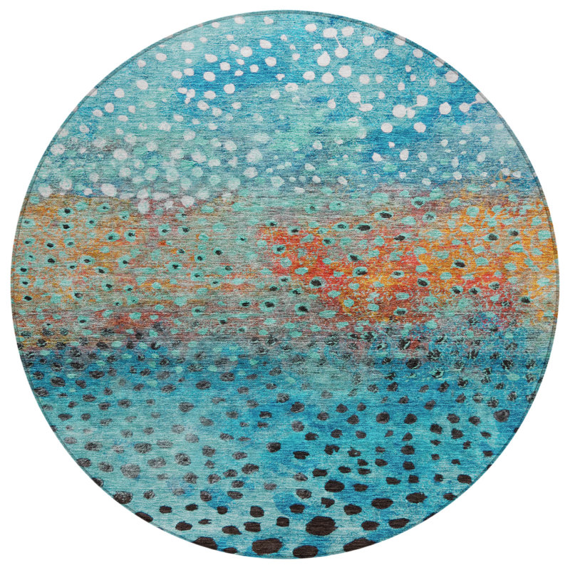 Tapis intérieur / extérieur bleu lavable à la machine 8 pi x 10 pi ACN1074, Rond 8 pi