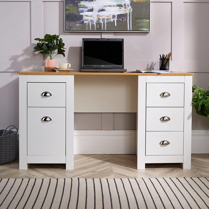 Aliea 135Cm W Rectangle Computer Desk with Cabinet, White