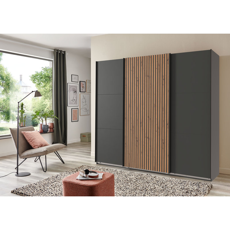 Lyliann 3 Door Manufactured Wood Wardrobe, 216cm H x 250cm W x 65cm D, Graphite / ABS artisan oak