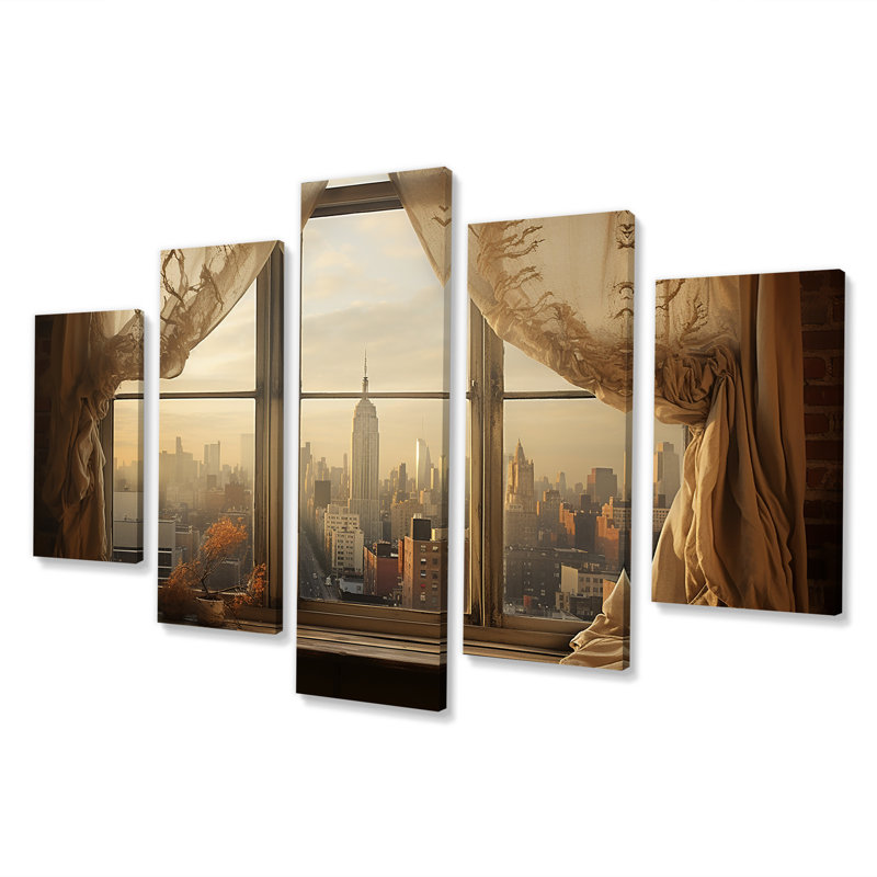 «Vintagenyc Urbanscape Window View I - New York City, art mural multi-panneaux pour le salon