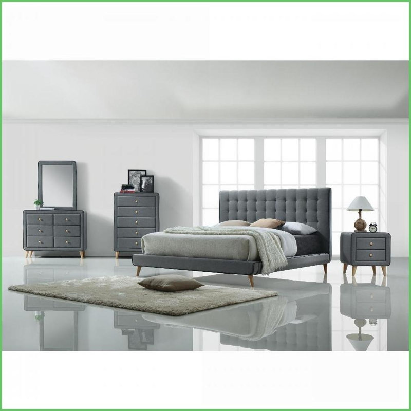 Commode double 6 tiroirs Mid-Century | Gris clair | Bois et tissu