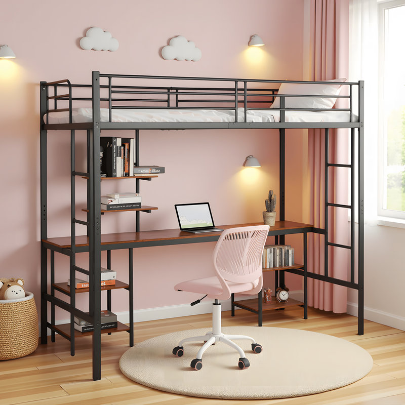 Metal Loft Bed with Desk and Shelves, Space - Saving Multifunctional Bed Frame