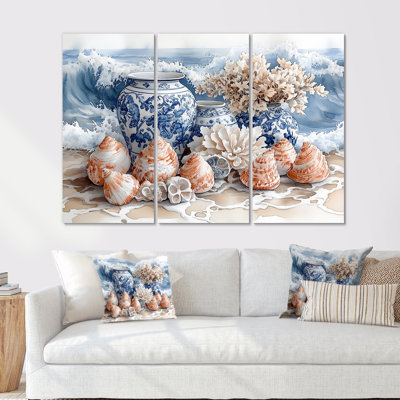 «Floral Beach Pottery» en bleu et blanc I - ensemble d'art mural de poterie de plage