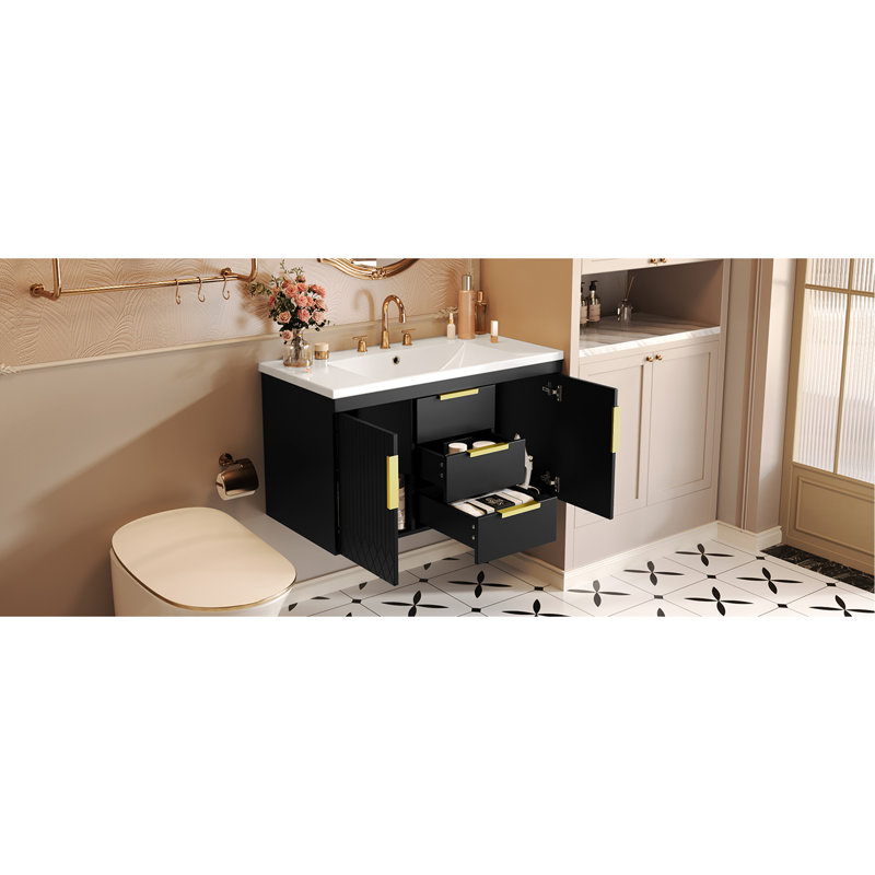 Meuble-lavabo mural 36 po avec lavabo en résine, armoire de rangement flottante avec 2 tiroirs, armoire de salle de bain en bois massif