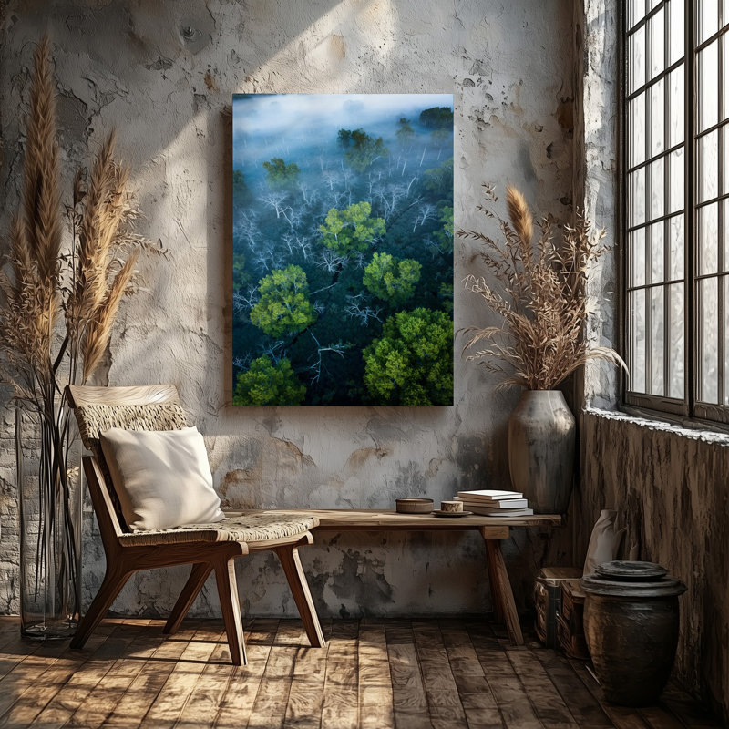 Toile, vue aérienne d'un paysage de marais dense présentant un art mural en réseau de branches d'arbres dénudées torsadées entrecoupées de toile vibrante