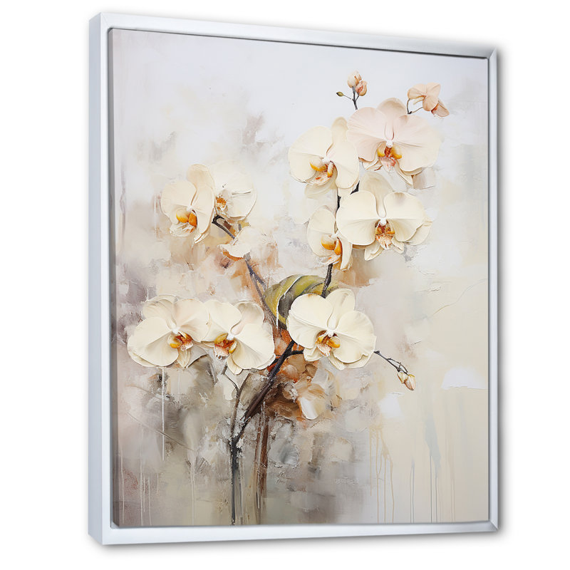 Orchidée beige et dorée en fleurs I, H 40 po x l 30 po x P 1,5 po, Cadre flottant blanc