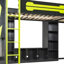 Lit mezzanine moderne en forme de L avec deux bureaux éclairés, centre de divertissement et tablettes de rangement-927659984