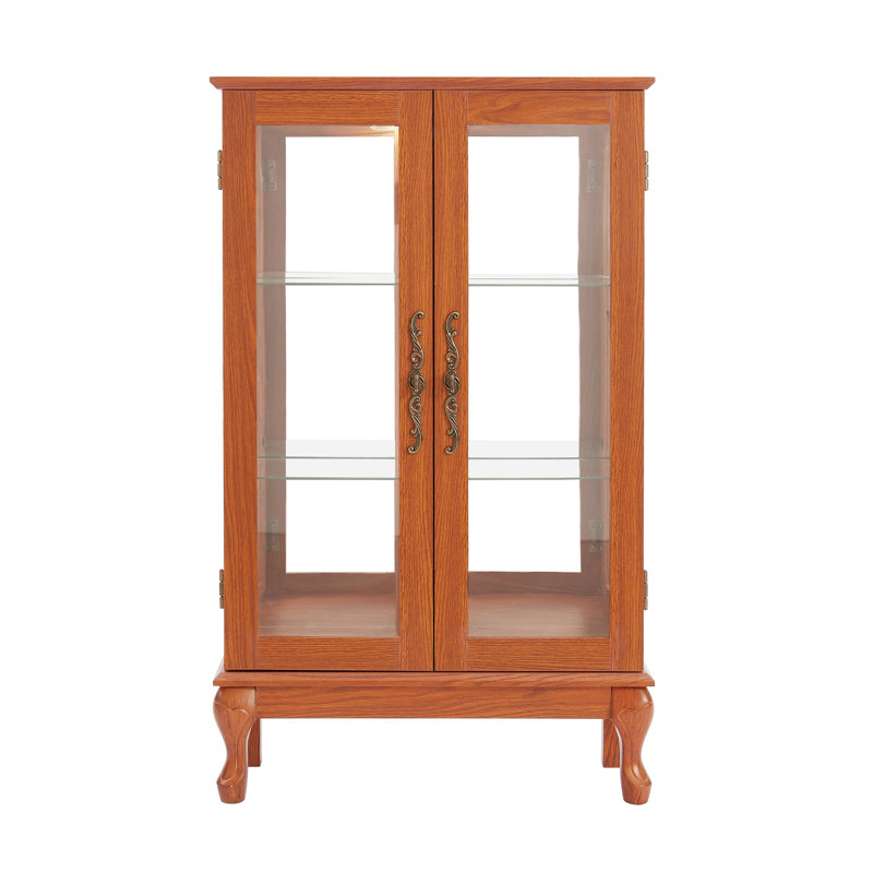 American Retro Style Dark Oak 2 Doors Curio Cabinet With Tempered Glass, Mirrored Back, , And Adjustable Shelves For Home Or Office Display Of Exquisite Items Collectibles Shelves, Showcase