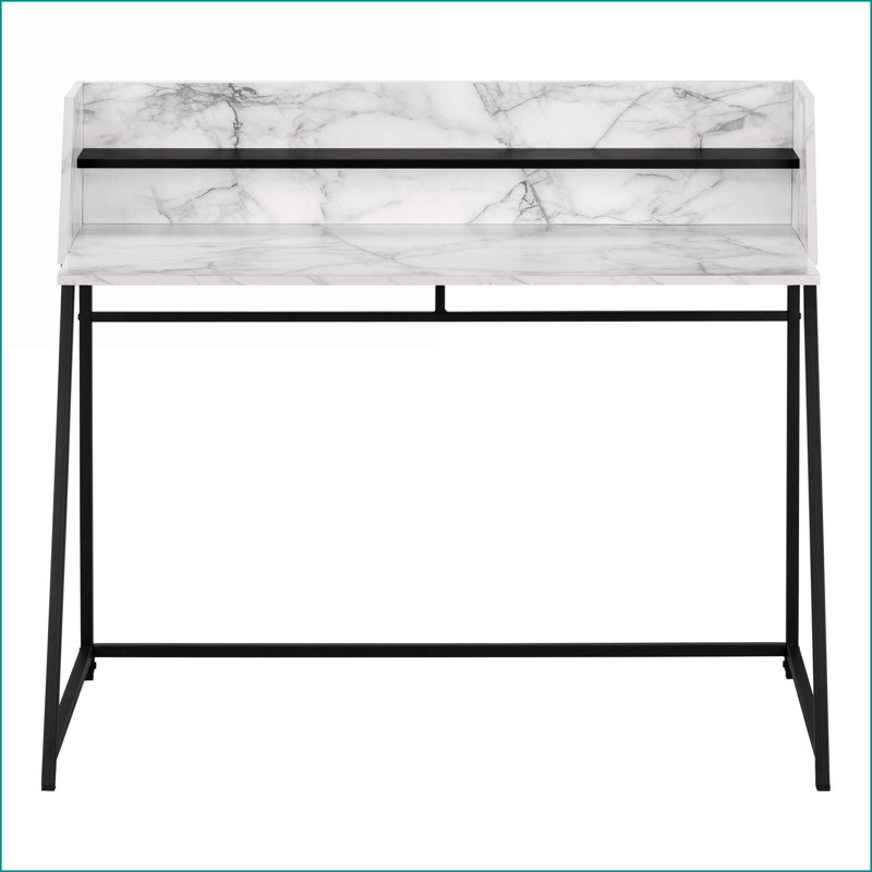 Bureaux, bureau d'ordinateur L 47,25 po avec huche de rangement, aspect marbre blanc, métal noir, contemporain | Blanc | Panneau de particules