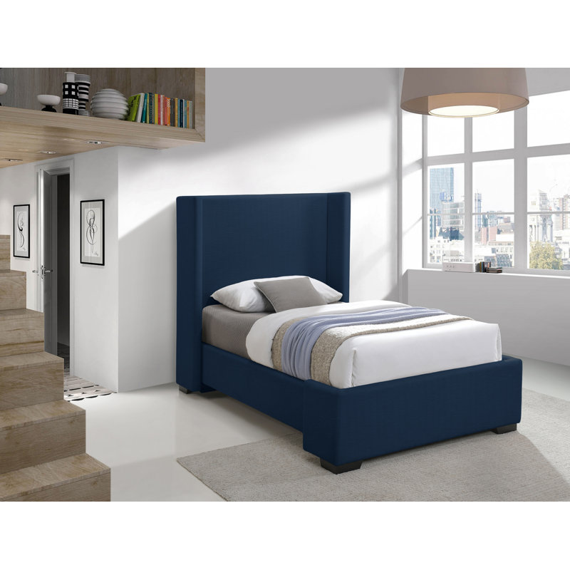 Oxford Tachani Upholstered Platform Bed, Navy Linen Textured Fabric, Twin