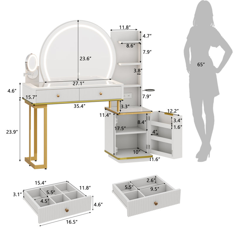 Coiffeuse avec miroir lumineux, miroir grossissant x5, plateau en verre et station de charge, blanche