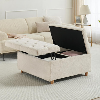 Table basse pouf de rangement Sherpa avec plateau relevable, pouf capitonné en tissu Sherpa avec rangement, grand banc de pouf carré de rangement pour chambre ou salon (Sherpa, blanc)