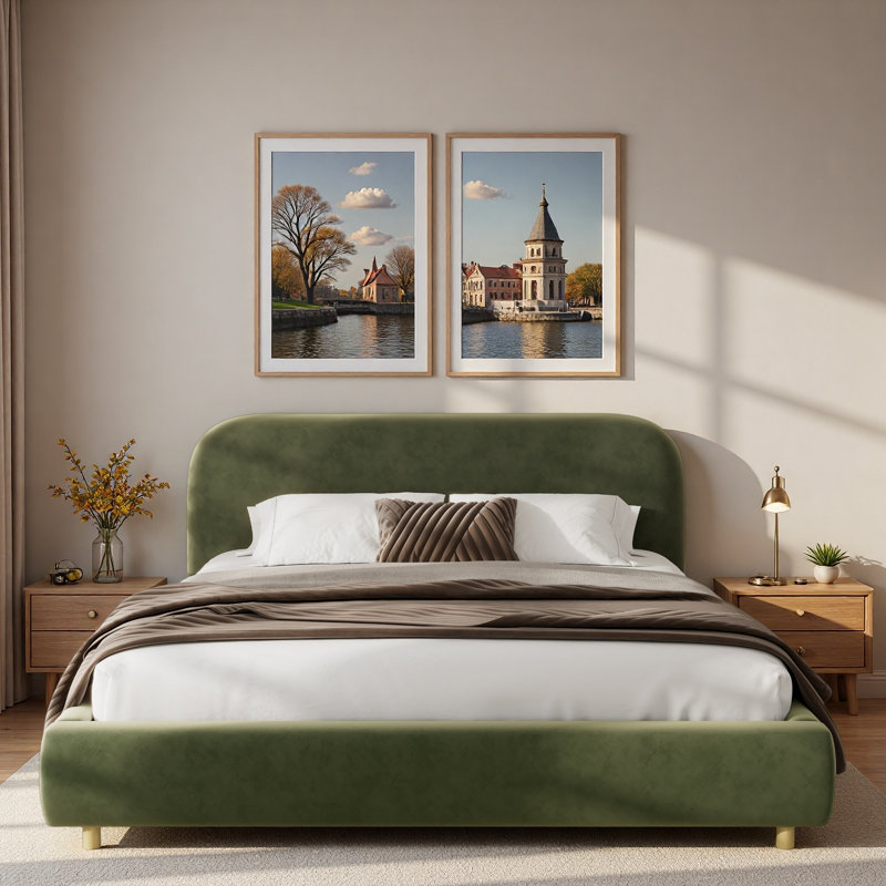 Velvet Platform Bed With Curve-shaped Design Headboard And Wood Legs, King