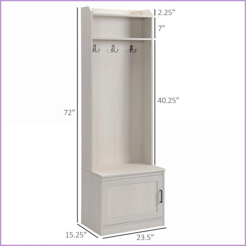 Hall Tree with Coat Rack, Rustic White Wood Grain Shoe Storage Bench &amp; Shelves | White | Particle Board