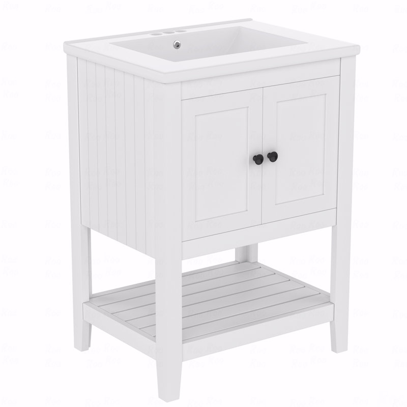 Lavabo de salle de bain moderne élégant en céramique avec tablette ouverte en bois massif