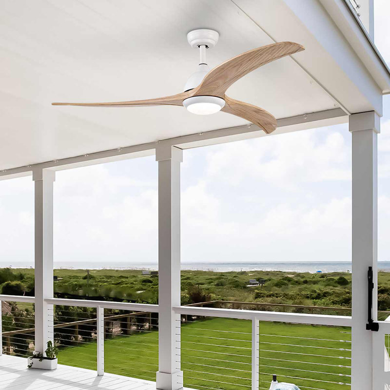 Ventilateur de plafond en bois massif de 52 po avec lumière et télécommande, Blanc, Marron clair