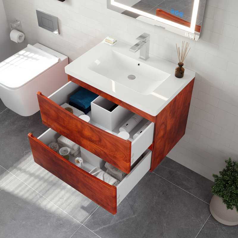 Smile 30 po Meuble-lavabo mural simple en noyer avec plateau en acrylique et lavabo intégré