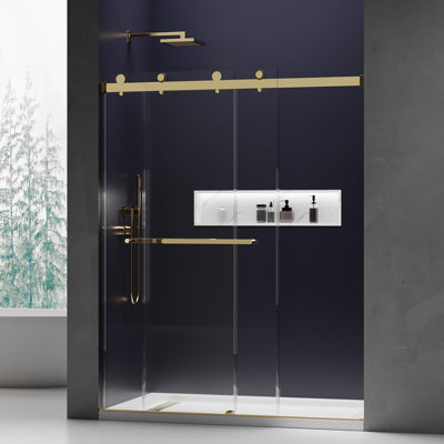 Porte en verre de douche coulissante double sans cadre de 56 à 60 po x H 76 po, verre trempé certifié ANSI et SGCC de 5/16 po (8 mm) avec double revêtement nano, quincaillerie en acier inoxydable et porte-serviettes, or brossé