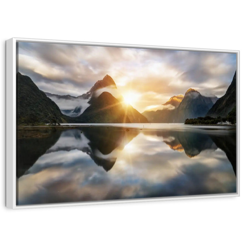 Milford Sound Mountain Sunrise, 40" X 27", Floating Frame White