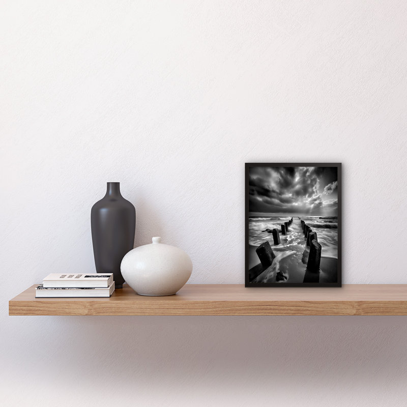 Hagins Pier Ruins Black And White Dramatic Coastal Photo - Single Picture Frame Print