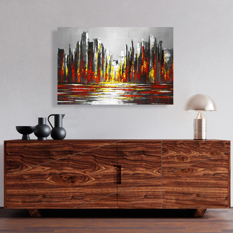 Abstract Red Skyline - Yellow Building Canvas for Home Decor