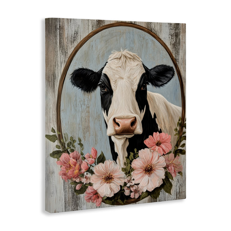 Jolie toile de portrait de vache floral, design par Petal Prints Design, H 48 po x l 36 po