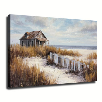 Weathered Beach Cottage By The Seaside Landscape Painting, Large Gallery Wrapped Canvas Wall Art Print For Living Room Bedroom