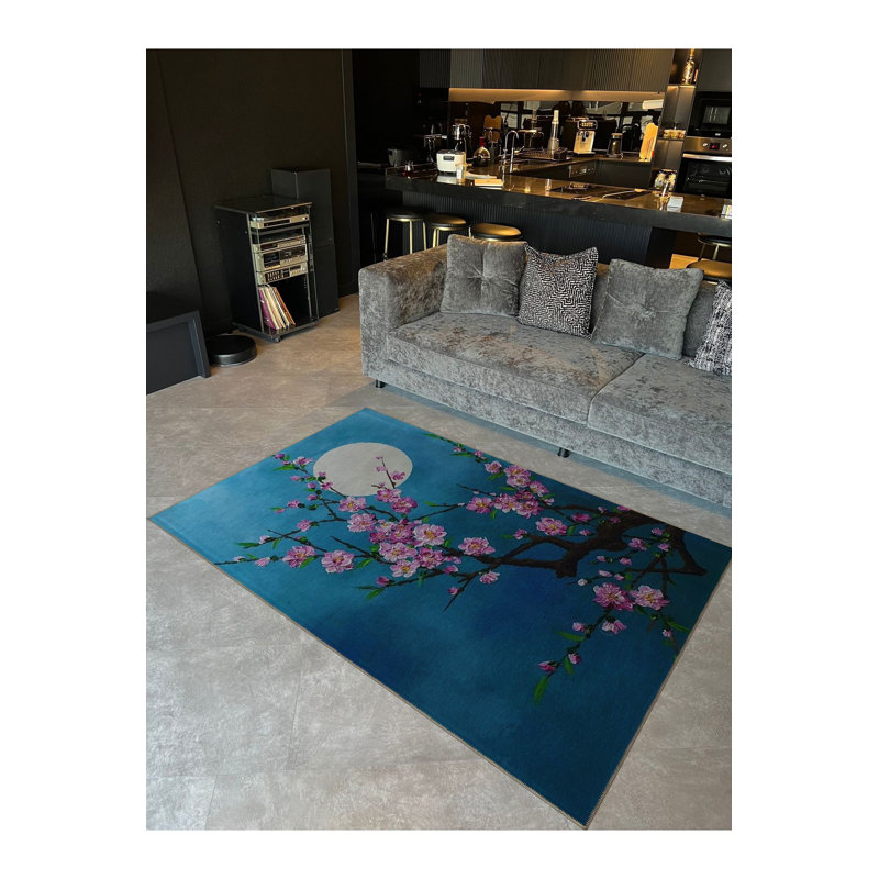 Tapis décoratif lavable à la machine moderne à motif de lune et de fleurs bleues