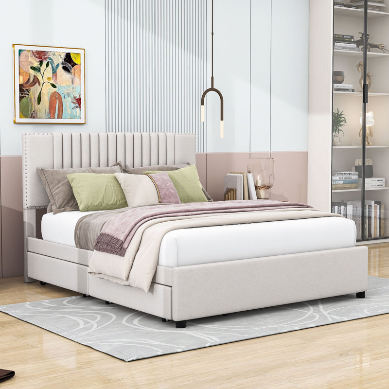 Lit plateforme avec rangement Lafonya, Double, Beige