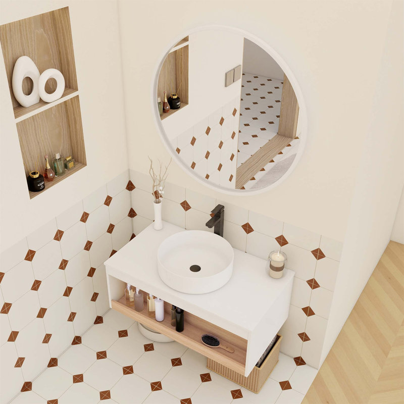 Meuble-lavabo flottant mural 36 po avec lavabo vasque rond brillant, tablette ouverte et comptoir durable pour une conception moderne et peu encombrante