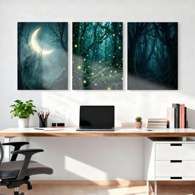 Clair de lune forêt avec lucioles, reproduction d'art sur toile tendue sur toile, ensemble de 3