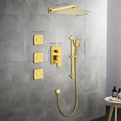 Gold Shower With Arm And Bodysprays: Natural Rainfall Head, Self-Cleaning, 12.35 In Depth, System Containing Hand Shower, Slide Bar, Bodysprays, Arm, Hose, Valve Trim, Lever Handles. Self-Cleaning