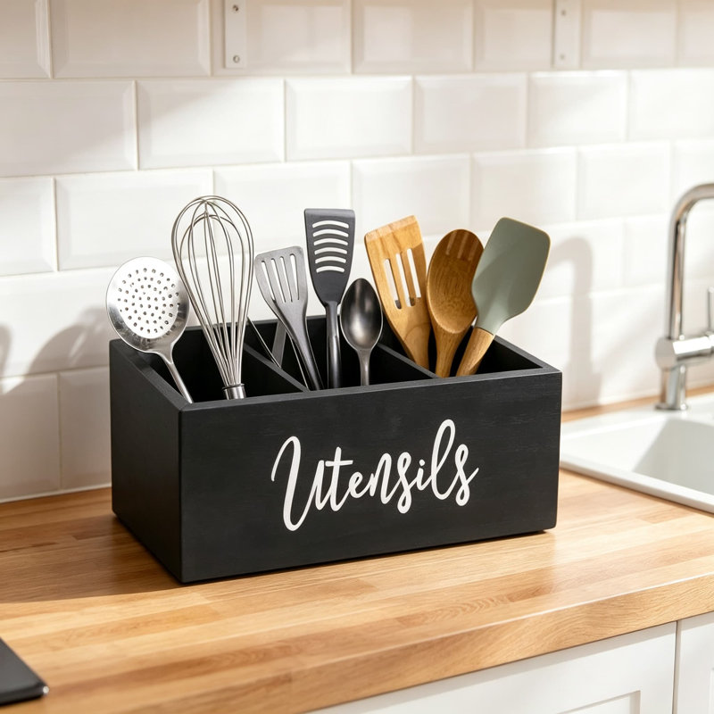 Porte-ustensiles en bois avec compartiments pour spatule, cuillère et baguettes - Organisateur de cuisine rustique en pin