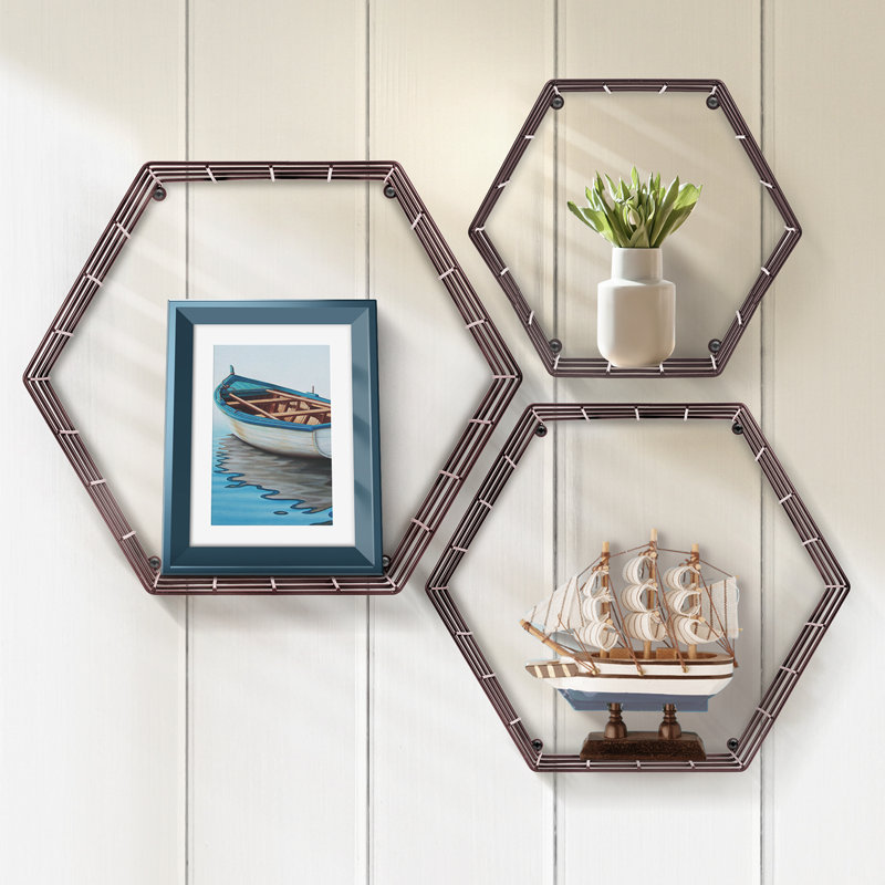 Sorbus 3 Pieces Metal Hexagon Floating Shelves Set, Brown, Brown