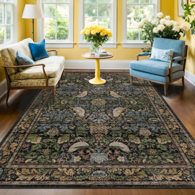 Tapis botanique 5 x 7 - Tapis rétro lavables pour salon, salle à manger, chambre à coucher, style antique traditionnel, motif d'oiseaux et de feuilles, velours antidérapant (vert foncé / brun)