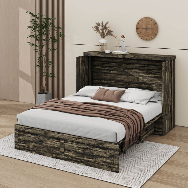 Murphy Bed Cabinet with Charging Facility, a Multi-functional Foldable Bed, Rustic Gray, Queen