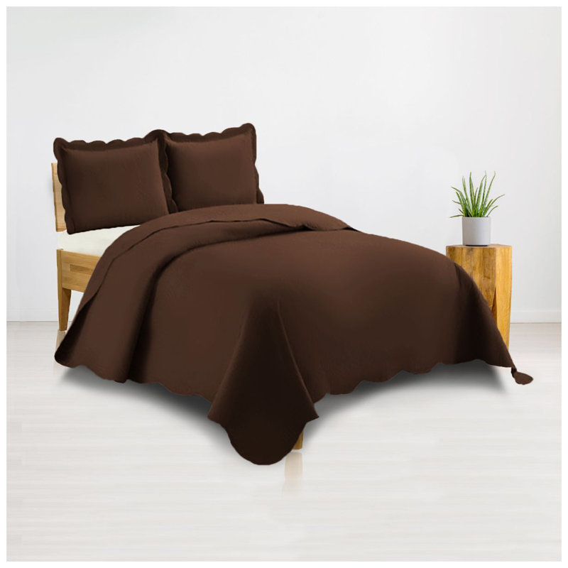 400TC Cotton Sateen Solid Scalloped Duvet Cover Set, King Duvet Cover, Chocolate