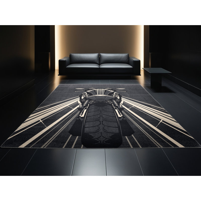 Machine Washable Potts Sport Motorcycle Sleek & Chic Modern Geometric Rug in Gray – Gray Binding, 2x4