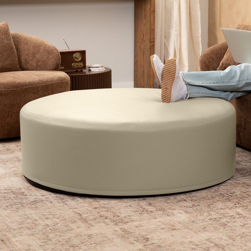 Latitude Run® Candler Round Couch Ottoman – Oversized Giant Coffee Table & Foot Rest, 44”, Cream