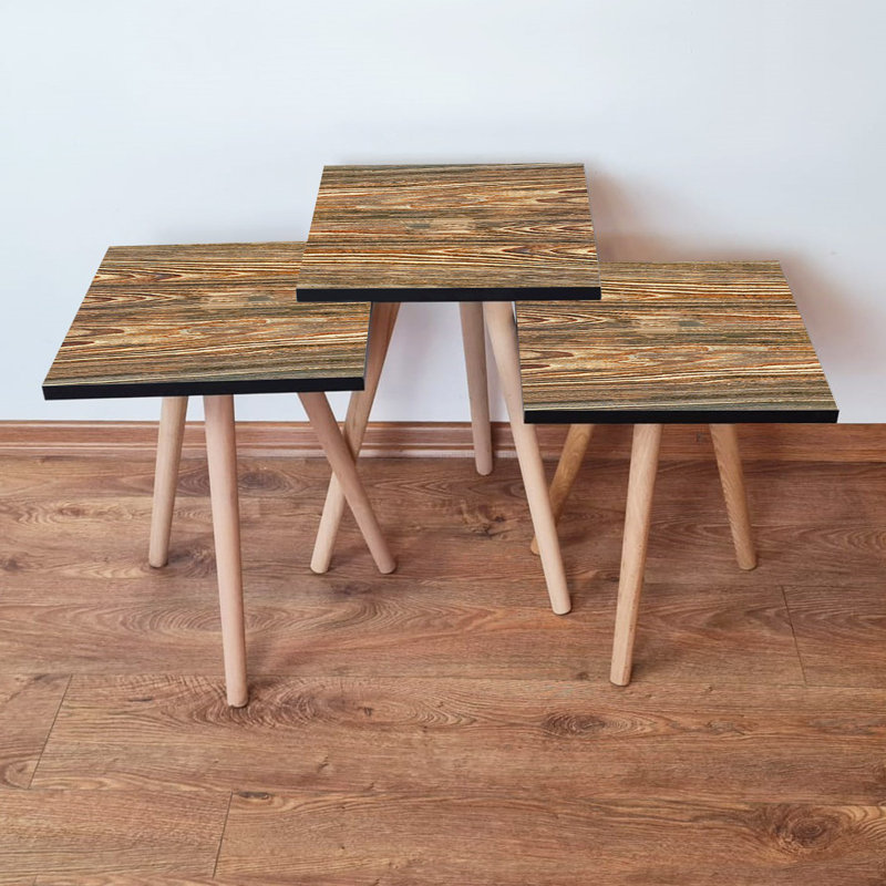 Modern Nesting Table Set (3 Pieces), Scandinavian Design, Brown | 100% MDF with Beech Wood Legs | Large Table: 13.8 x 20.5 x 13.8 in, Medium: 13.8 x 18.5 x 13.8 in, Small: 13.8 x 16.5 x 13.8 in | Stylish & Space-Saving Solution