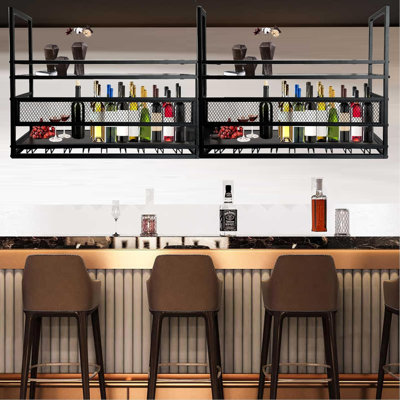 Support à verres à vin de plafond 71 pouces, support à vin suspendu en bois à 2 niveaux, support à vin suspendu en métal noir industriel, avec support en verre pour restaurant, bar (noir, 71 x 11,8 pouces)