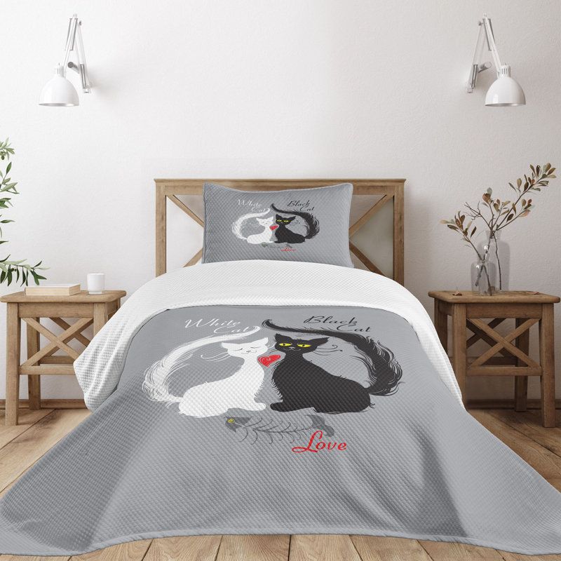Ambensonne Cat Bedspread Couple Fishbone White Grey