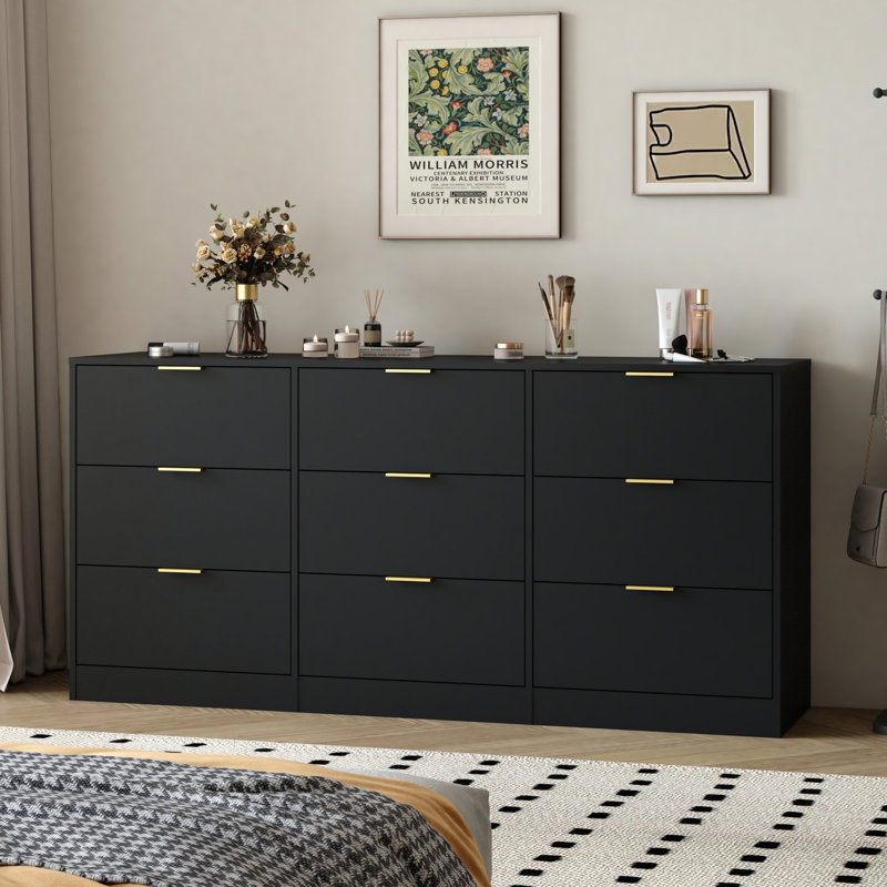 Commode 9 tiroirs, commode de rangement en bois pour chambre à coucher, Noir