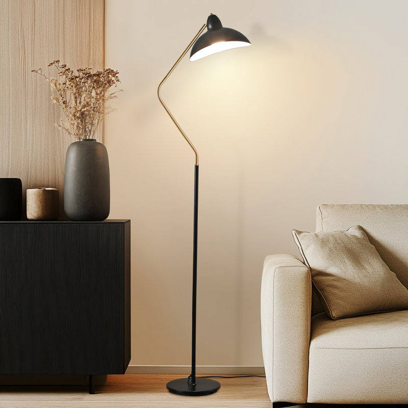 Swoop 69 in. Modern LED Adjustable Floor Lamp with Black Metal Bowl Shade and Gold Accent, Bulb Included