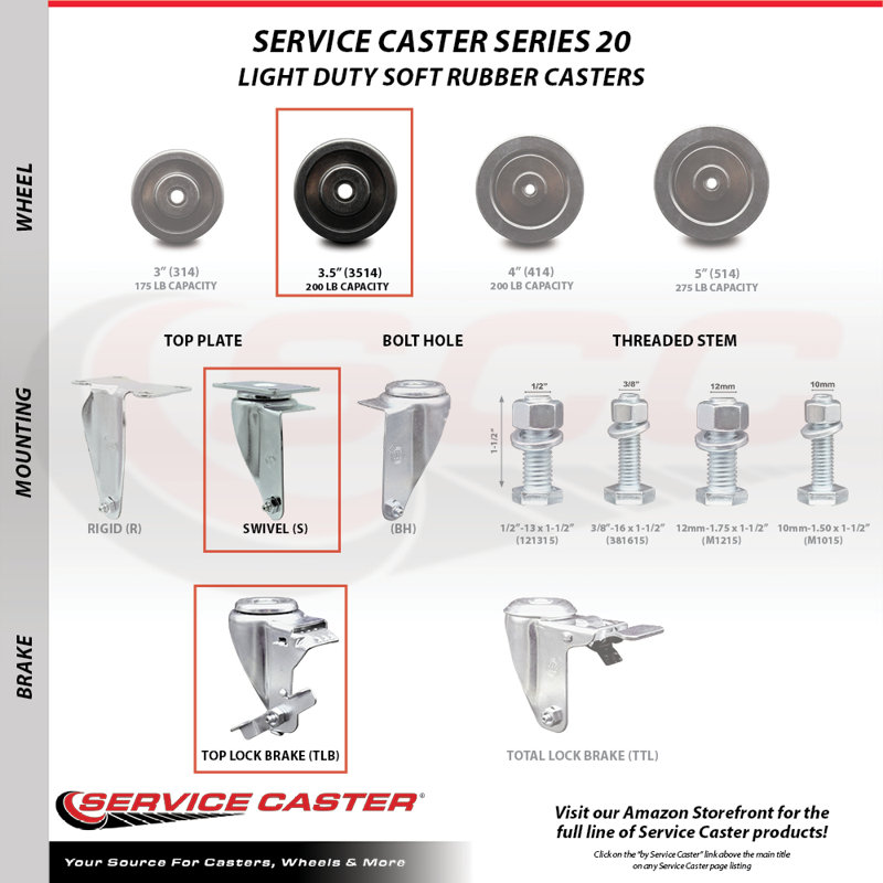 3.5 Inch Soft Rubber Wheel Swivel Top Plate Caster Set with Brake Service Caster|SCC-20S3514-SRS-TLB-TP2-4
