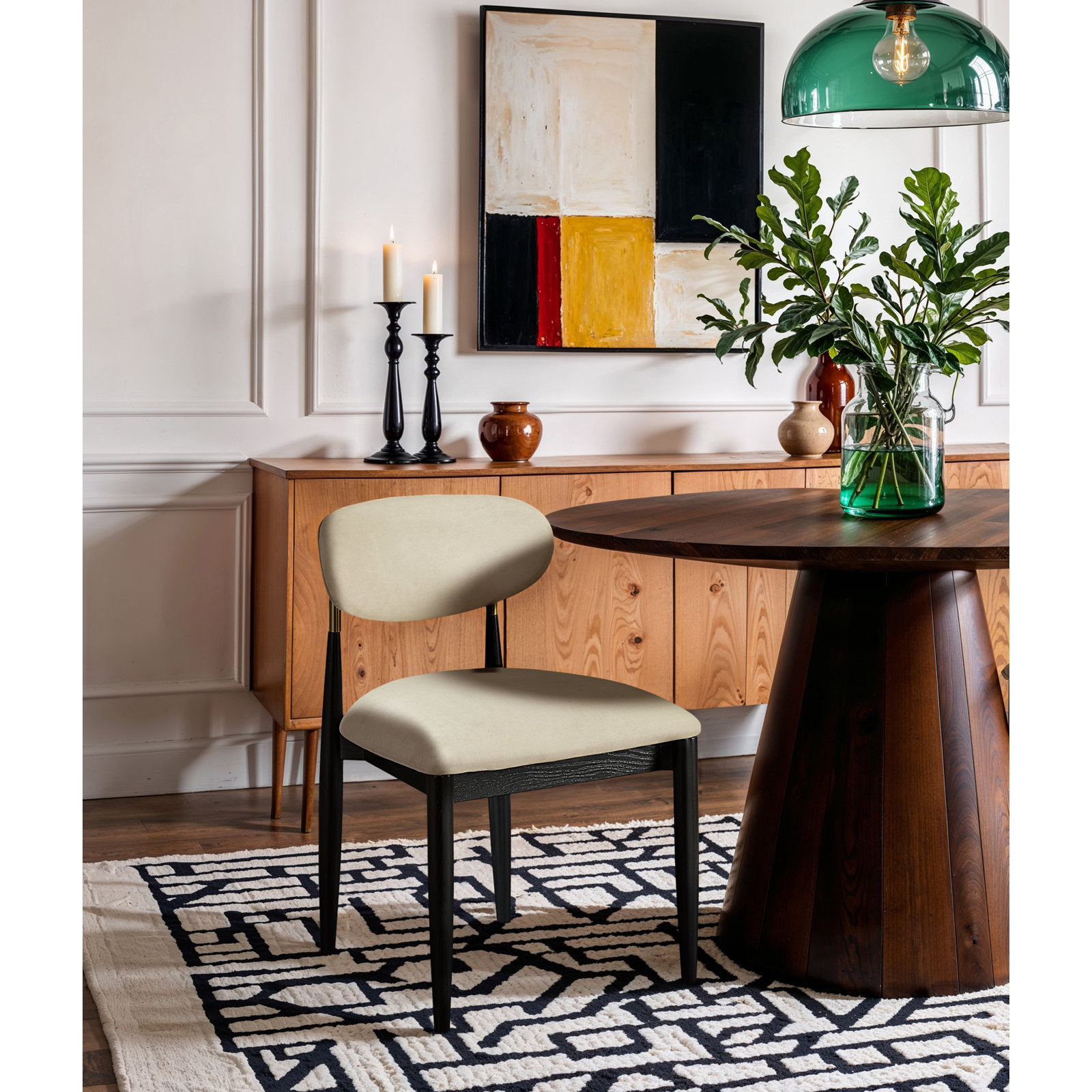 Eligah Vegan Leather Upholstered Dining Side Chair, Cream, Stained Black / Powder Coated Black