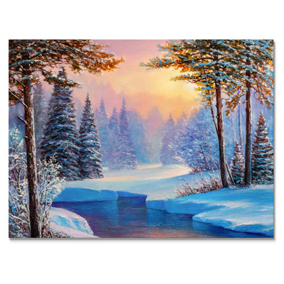 «Sunset On River Winter Landscape», reproduction sur toile flottante