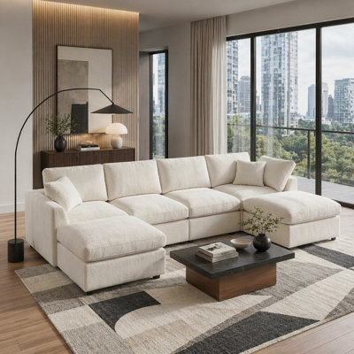 130.3" 6-Seater Modular Sectional Sofa with 2 Movable Ottomans, Chenille Upholstered Couch with Deep Seating, Solid Wood Frame and Throw Pillow