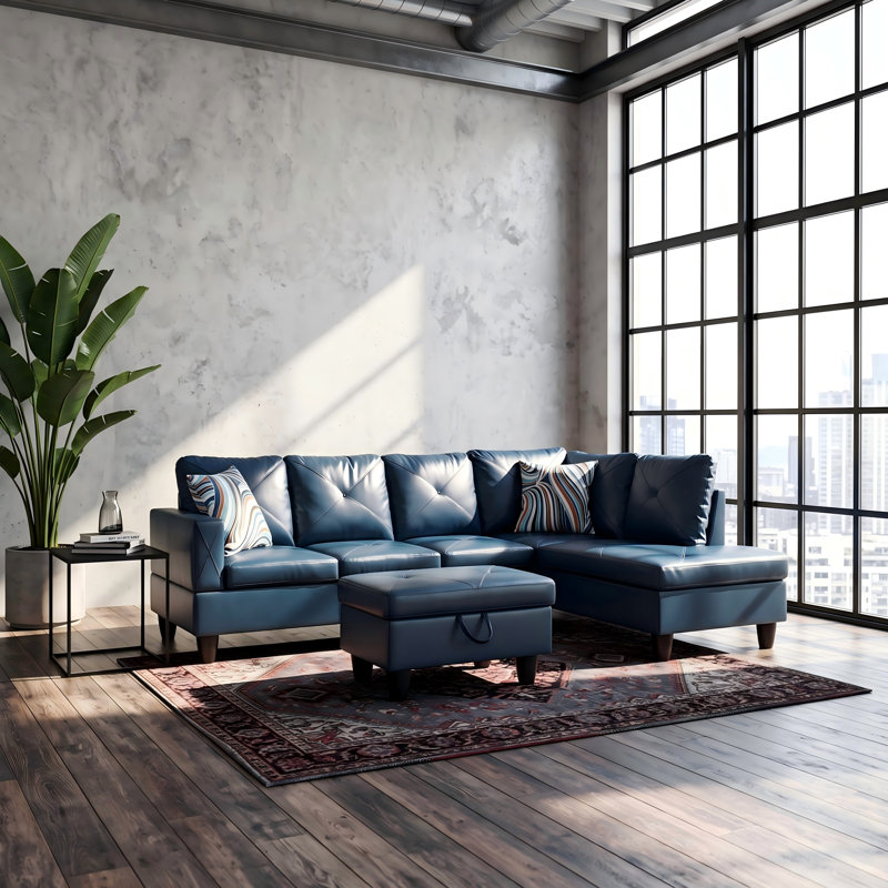 3-Piece Leather Couch Set -Upholstered Sofa with Ottoman, Blue, Right Hand Facing